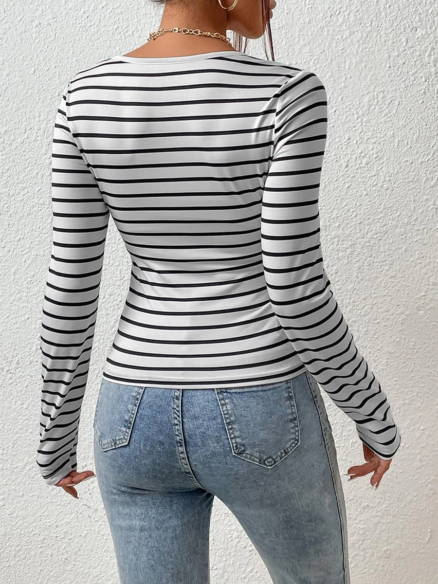 Kimydreama Ženy Bodycon Prekladané Základné T-shirt Long Sleeve U Krku Slim Fit Jar Jeseň Plodín Topy Streetwear - 4