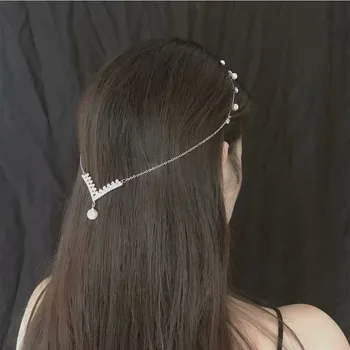 Temperament Kórejský Drahokamu Žena Pearl Prívesok Strapec Pearl Vlasy Hoop Vlasy Príslušenstvo Hlavový Most Visí Späť