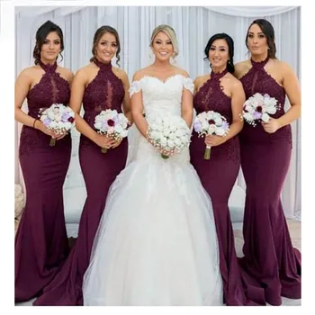 morská víla čipky Burgundsko bridesmaid, šaty svadobné party šaty s uväzovaním za appliques svadobný hosť šaty vestido de festa 2021