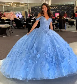 ANGELSBRIDE Svetlo Modrej Quinceanera Šaty guľové Šaty Ramena 3D Kvety Sweet 16 Šaty Čipky Nášivka vestidos