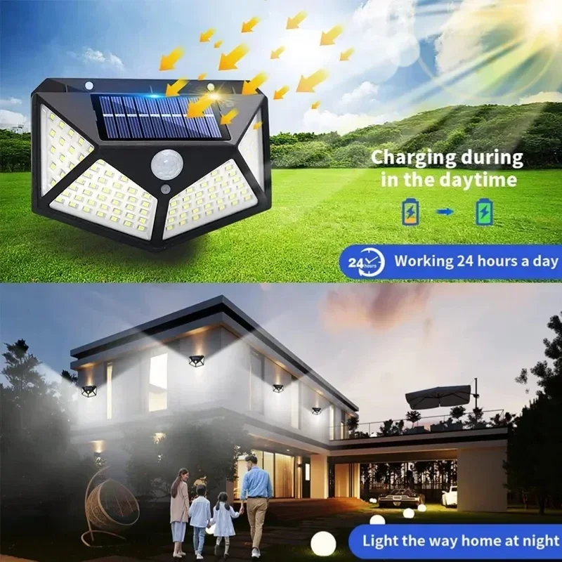 100 LED Solárne Nástenné Osvetlenie Vonkajšie Solárne Lampy Nepremokavé Snímač Pohybu Solárny Slnečnému žiareniu Street Light pre Záhradné Dekorácie - 5