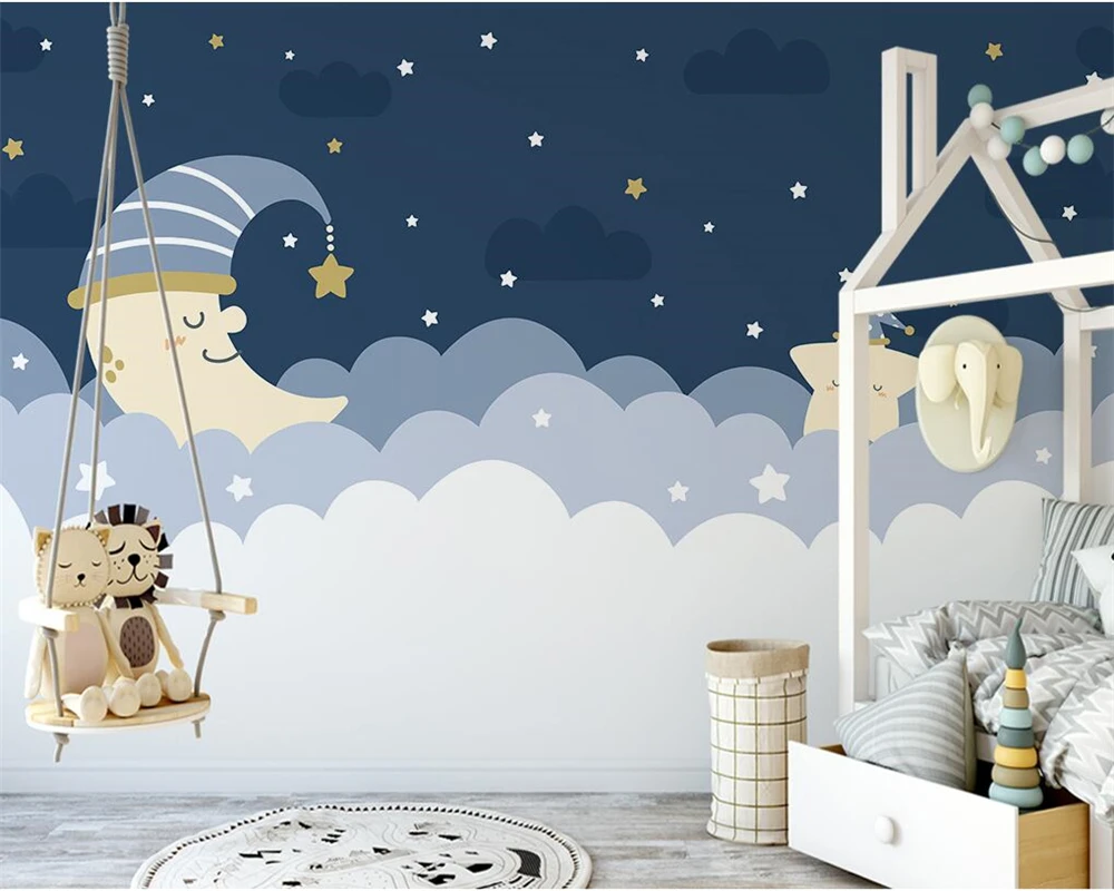 beibehang Vlastný papier peint moderné nordic ručne maľované mraky mesiac hviezdna detskej izbe tapety pozadia - 0