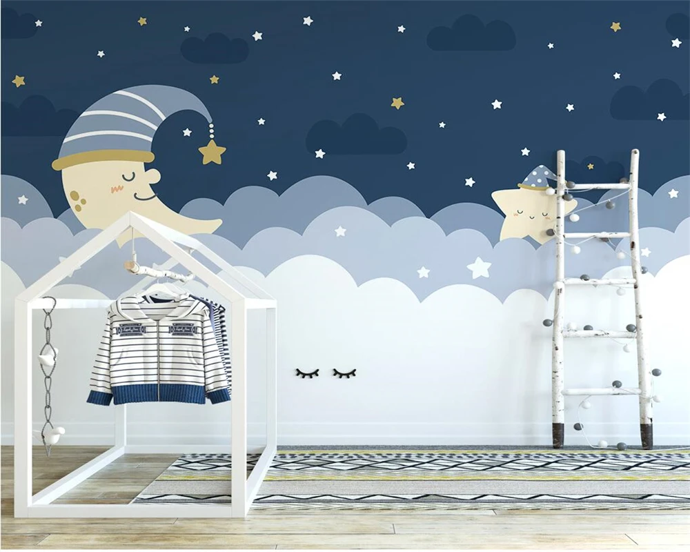 beibehang Vlastný papier peint moderné nordic ručne maľované mraky mesiac hviezdna detskej izbe tapety pozadia - 2