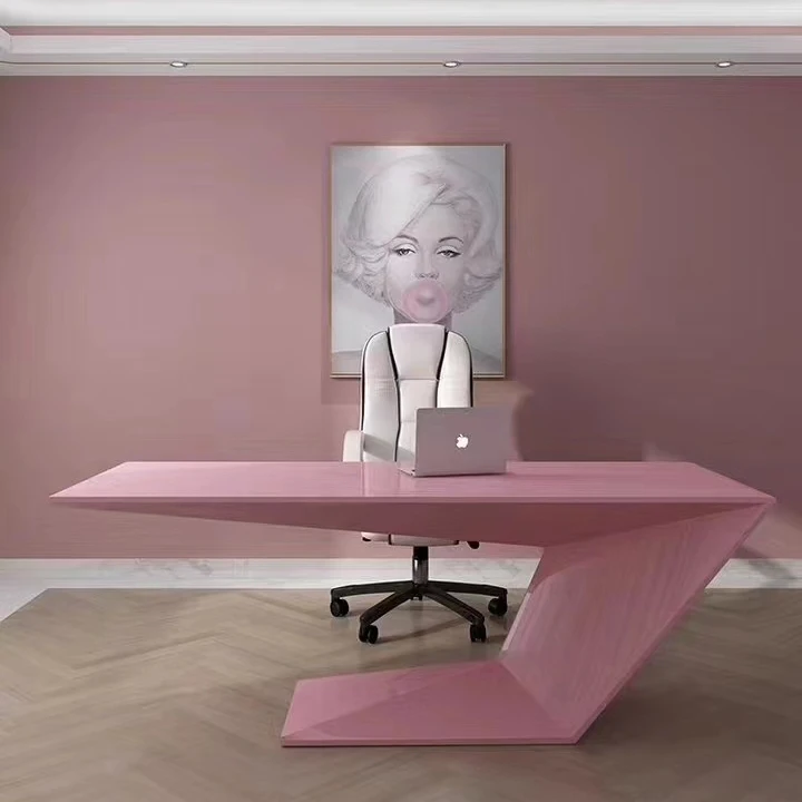 Drevené Lesklý I Tvar Smart Home Nordic Štýl, Ružové a Biele Moderný Výkonný RIADITEĽ Počítač Plný kancelársky Stôl - 0