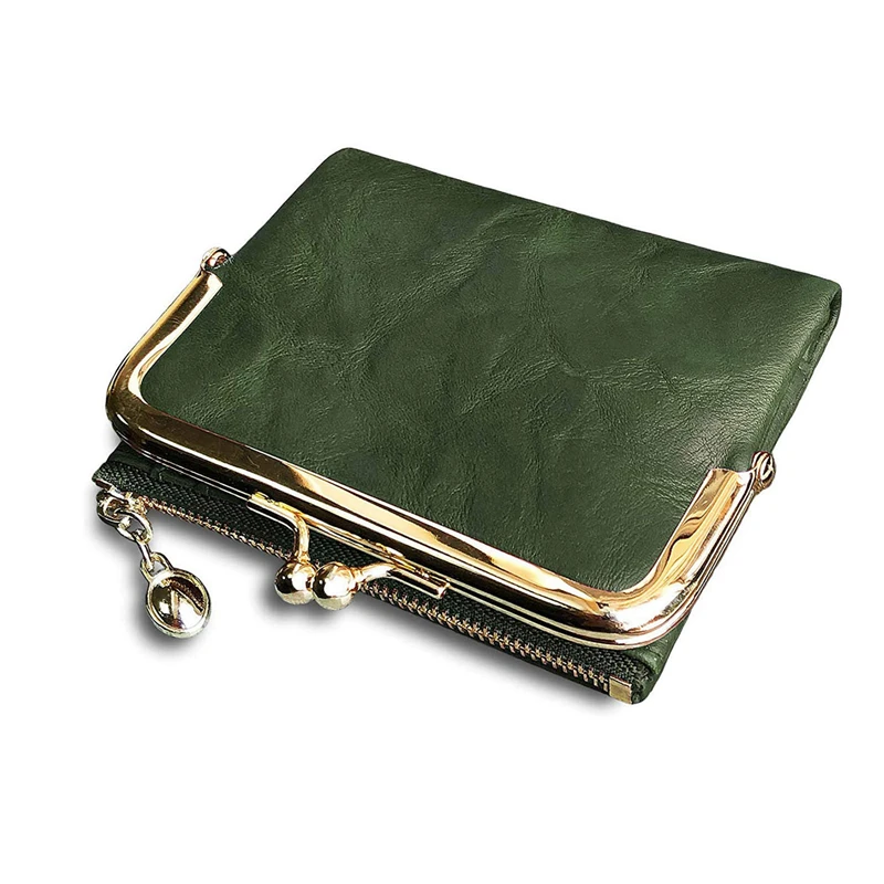 Dámske Peňaženky Krátke Bifold Retro Multifunkčné Mince Kabelku s Zip a Kiss Zámok Zelená PU Kožené Žena Krátke Peňaženky - 1