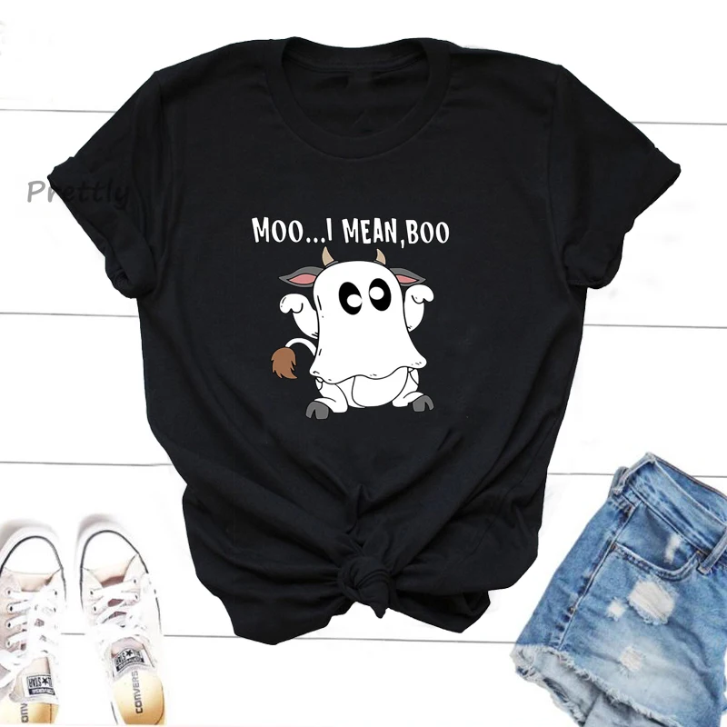 Moo Myslím, Miláčik, T Košele Grafické Zábavné Krava Halloween T Shirt Bežné Ghost Harajuku Bavlna Krátke Sleeve Tee Tričko Streetwear - 0
