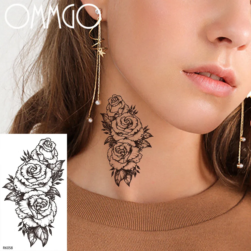 OMMGO Rose List Kvet Dočasné Tetovanie Nálepky Flóry Falošné Tetovanie Čierne Deco Vlastné Tetovanie Body Art Nepremokavé Camellia Tatoos - 0