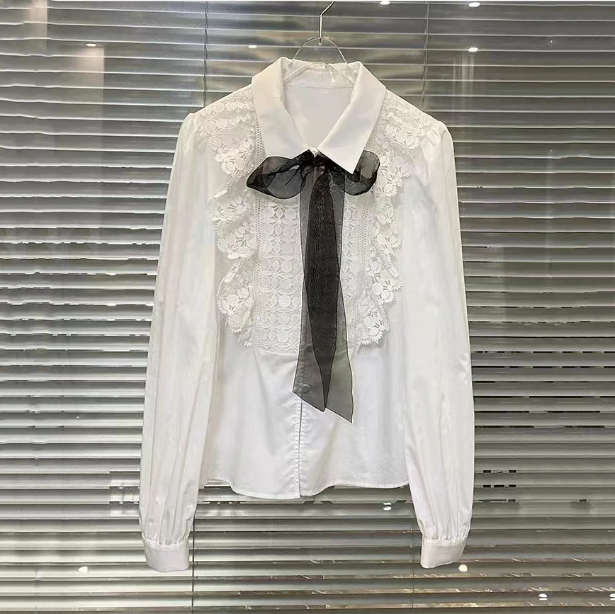 Temperament elegantný krk polo shirts & blúzky 2023 lete nové vyšívané čipky mozaika lúk páse s nástrojmi dlho puzdre tričko ženy - 0