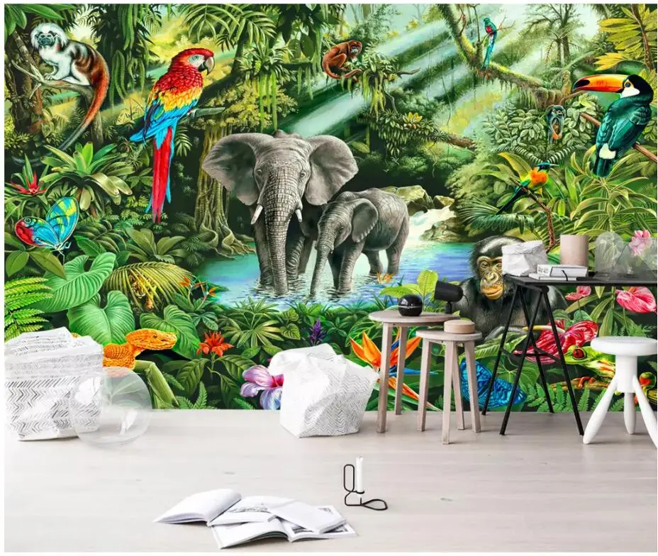 Vlastné foto nástenná maľba 3d izby steny papier Opice Slon Toucan detskej Izby pozadí 3d nástenné maľby, tapety na stenu 3 d - 0