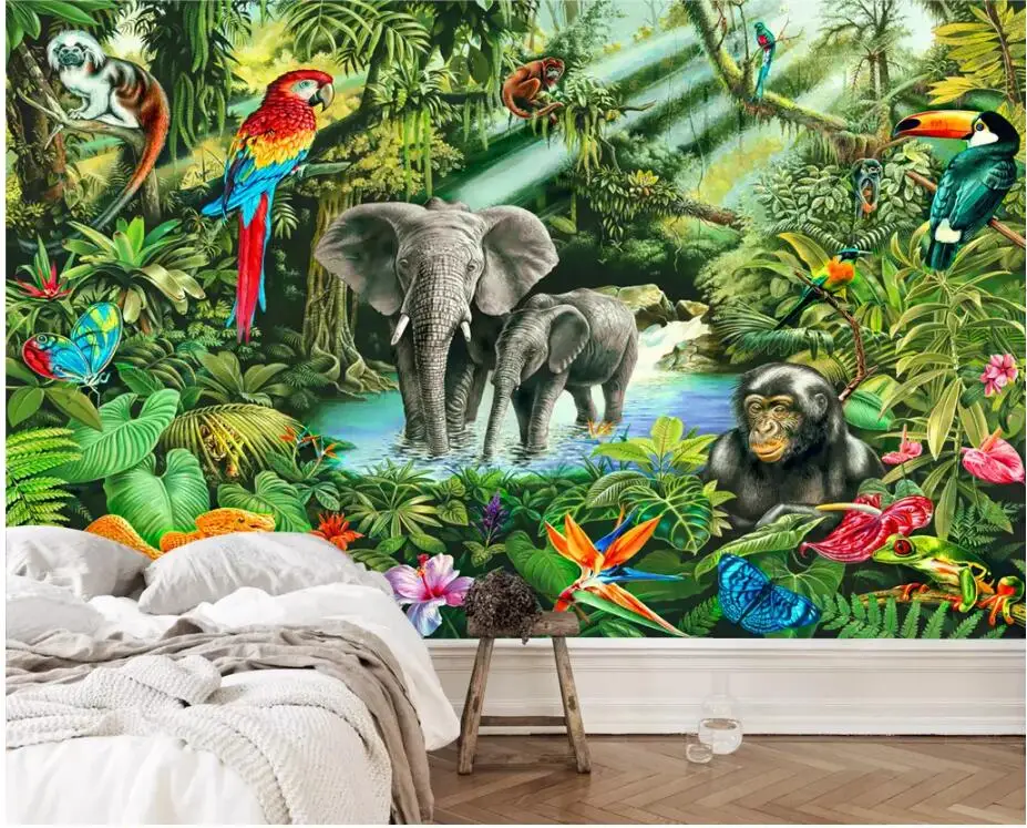 Vlastné foto nástenná maľba 3d izby steny papier Opice Slon Toucan detskej Izby pozadí 3d nástenné maľby, tapety na stenu 3 d - 1