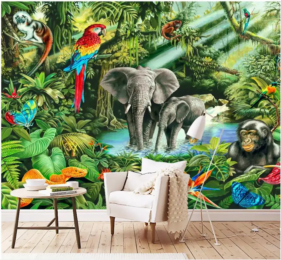 Vlastné foto nástenná maľba 3d izby steny papier Opice Slon Toucan detskej Izby pozadí 3d nástenné maľby, tapety na stenu 3 d - 2