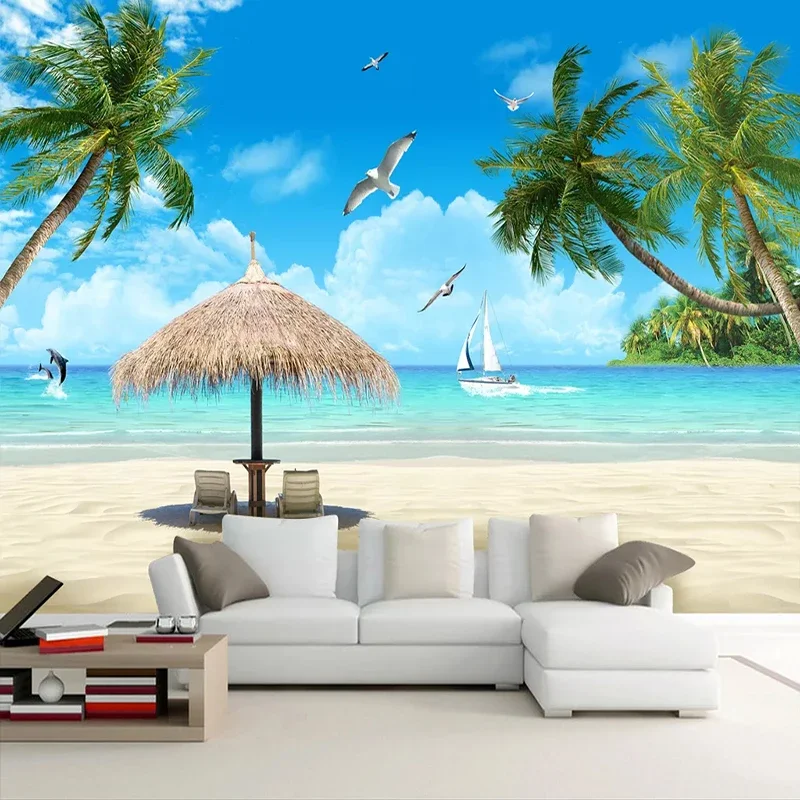 Vlastné Foto Tapety na Stenu Blue Sky Pláž Coconut Tree Seascape 3D Obývacia Izba Gauč TV joj, Papier Peint nástenná maľba 3D - 0