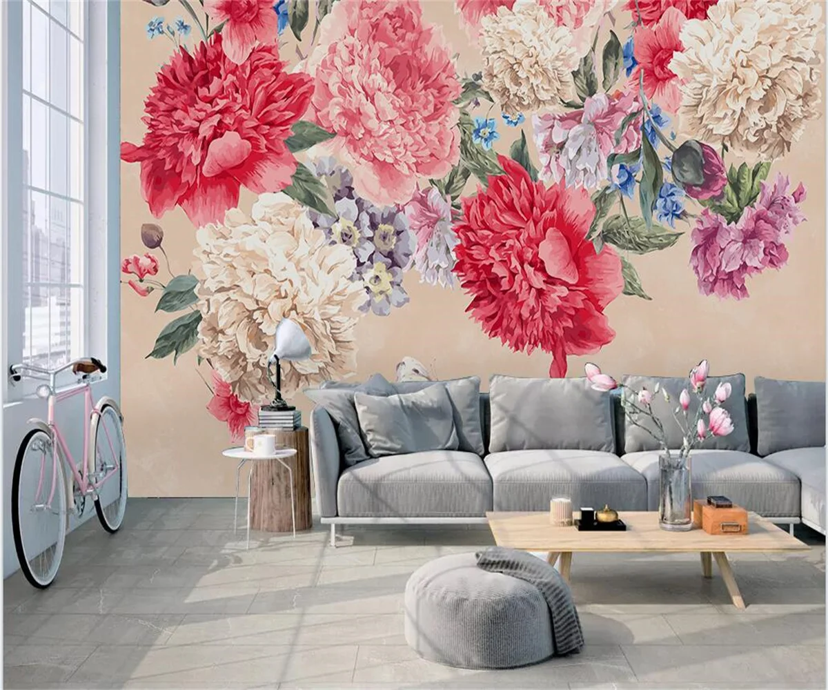 Vlastné nástenné Nordic retro ručne maľované pivónia kvet, spálne, obývacia izba pozadí steny TV spálňa pozadí steny 3d tapety - 0