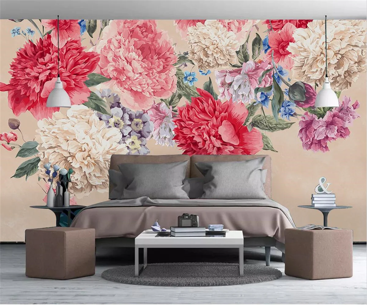Vlastné nástenné Nordic retro ručne maľované pivónia kvet, spálne, obývacia izba pozadí steny TV spálňa pozadí steny 3d tapety - 1