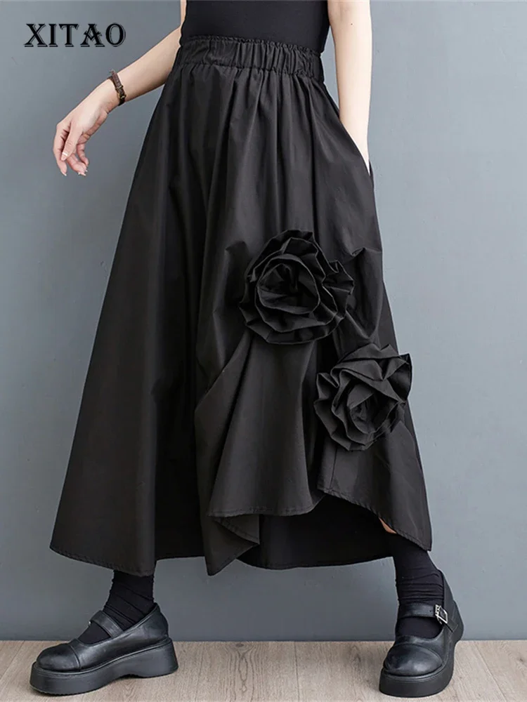 XITAO Kvetinový Čiernej Sukni Módne Elegantné Ženy Bohyne Ventilátor Nepravidelný Elastický Pás Menšiny Voľné Elegantné Sukne WLD16640 - 0