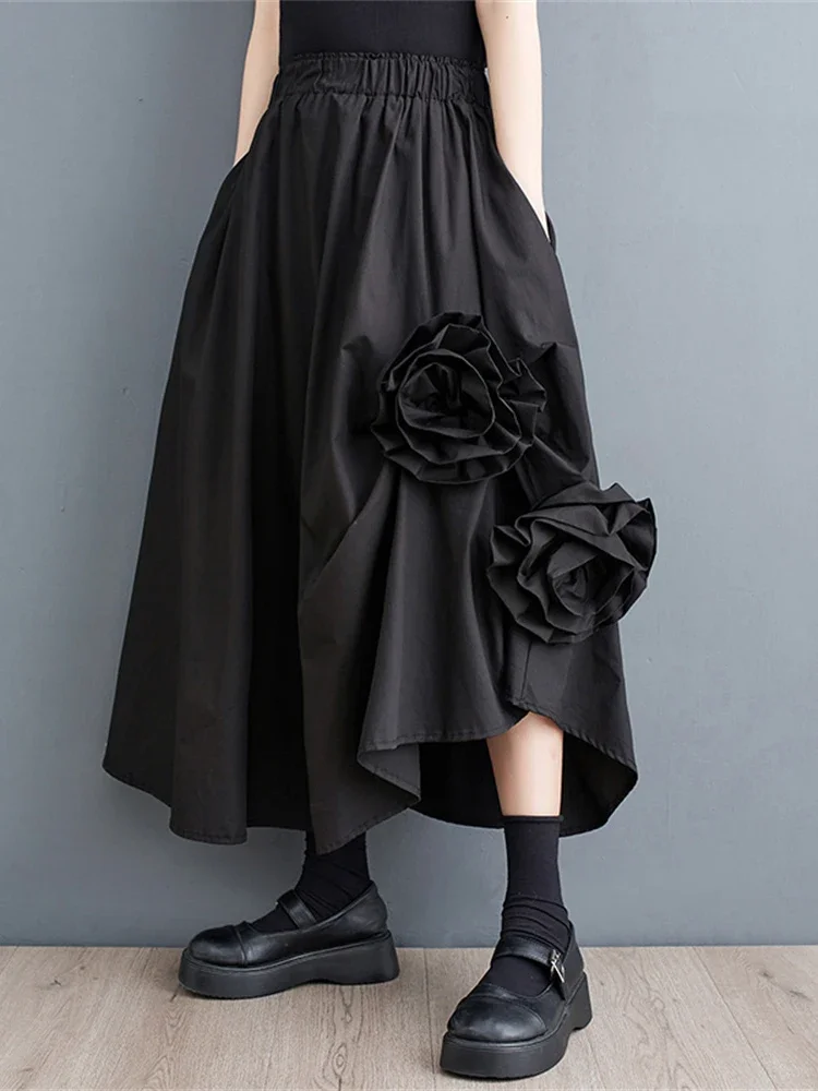 XITAO Kvetinový Čiernej Sukni Módne Elegantné Ženy Bohyne Ventilátor Nepravidelný Elastický Pás Menšiny Voľné Elegantné Sukne WLD16640 - 2
