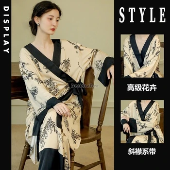 2024 nová čínska long-sleeve ice hodváb pyžamo ženy jar jeseň vytlačené nightgown tvaru voľné oblečenie pre voľný čas dva kusy nastaviť w118