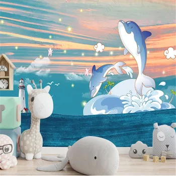 Ručne Ťahané Kreslené Tapety pre Dieťa Izba Podmorského Sveta Dolphin detskej Izby Pozadí Steny Papiere Domova nástenné Maľby