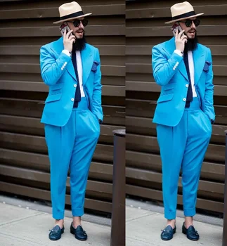 Najnovšie Kostým Homme Blue Svadobné Tuxedos Dve Tlačidlo Vrchol Klope Ženícha Nosenie Strany Prom Najlepších Mužov Sako Oblek (Sako+Nohavice)