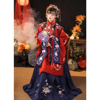 Čínsky štýl Hanfu žena červené svetlé golier dlhá srsť celý set kvet vziať cloud pleca koňa tvár, šaty svadobné šaty