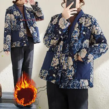 2024 čínsky vintage kabát orientálna etnických zlepšenie tvaru kabát tradičné kvetina tlače zahustiť teplá bunda fleece linajkované kabát