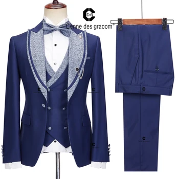 Bosdan Guldenu 2023 Elegantné Muži Obleky Modrá Smoking 1 Tlačidlo Sako, Vesta Nohavice s Bowtie 4pcs Nastavenie Svadbu Večerné Šaty Prom