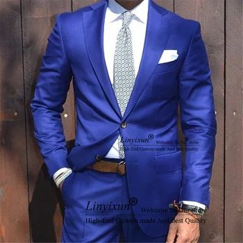 Kráľovská Modrá Ženícha Smoking 2 Ks Slim Fit Pánske Svadobné Prom Party Vyhovuje Bežné Muž Obleky Na Mieru Ženích Sako+Nohavice
