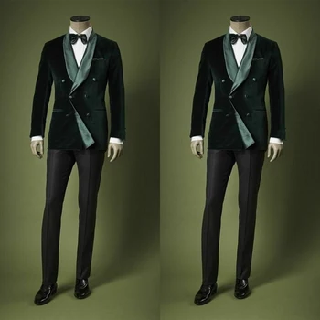 Velvet Muži Obleky 2 Ks Zelené Sako Čierne Nohavice Dvojité Breasted Smoking Satin Klope FashionWedding Formálne Práce Príčinné Na Mieru