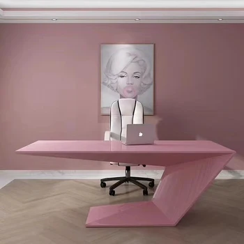 Drevené Lesklý I Tvar Smart Home Nordic Štýl, Ružové a Biele Moderný Výkonný RIADITEĽ Počítač Plný kancelársky Stôl