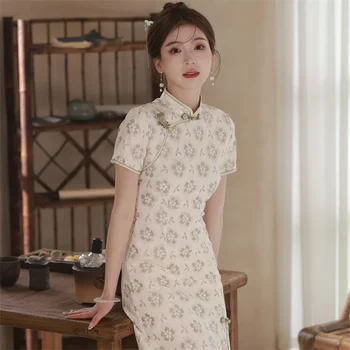 Svetlo Zelenej Čipky Šaty Letné Tradičné Cheongsam Ženy Slim Kvetinový Vintage Šaty Qipao S Až XXL Béžová