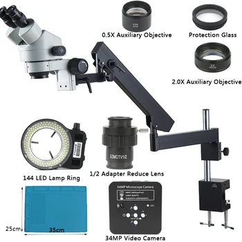 34MP Video Kamera Zároveň-Hlavná 3,5 X-90X Trinocular Stereo Mikroskopom Formuloval Rameno Svorka Mikroskopom 0,5 X 2.0 X Cieľ Objektív