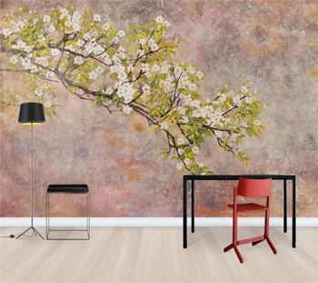 Prispôsobený Tapety 3D Čerstvé olejomaľba Marhuľový Kvet Pobočky Zelenej Listovej Pozadí Stene Obývacej Izby, Spálne, nástenná maľba фотообои