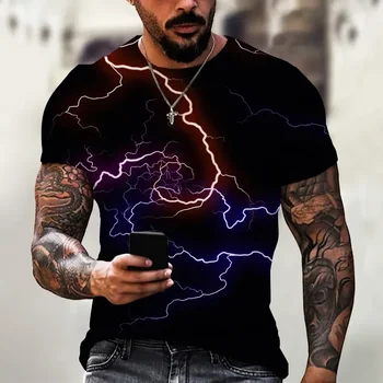 Pánske Letné 3D Módy Tlače Lightning Vzor Krátke rukávy Bežné Kolo Krku Hip Hop, Street Veľké Veľkosti Oblečenia Hornej T-shirt