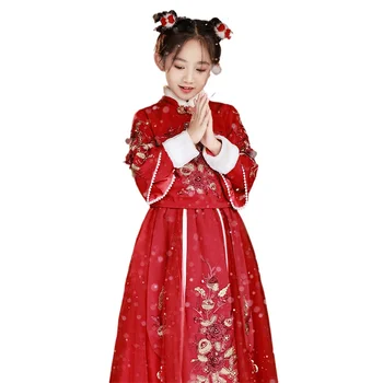 Čínsky Štýl Dávnych Detí Hanfu 2023 Nové Zimné Dievčatko Tang Šaty Rok Oblečenie Pribrala Izolácie Červené Šaty Sada
