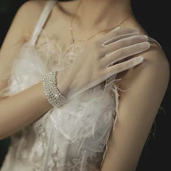 Sexy Hand-made Ženy, Čipka Biela Letných Lúk Pearl Prst Rukavice Krátke Svadobné Rukavice Tylu Prstové