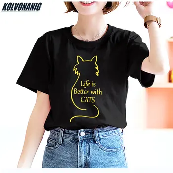 KOLVONANIG Život, Je Lepšie S Mačky Funny T-Shirt Ženy Bavlny O-Krku Krátky Rukáv Tees Cute Cat Ventilátor Darček Ženské Tričká Topy