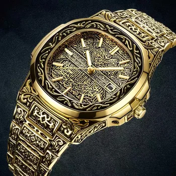 2023 Módne Ročníka Rezbárskeho Sledovať Mužov Luxusné Bronz Nerezová Oceľ Auto Dátum náramkové hodinky Quartz Mužov montre homme reloj hombre