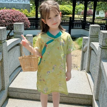 2021 2-11Y Čínsky Cheongsam Pre Dievčatá Kvetinový Tlač Hanfu Šaty Deti Vintage Qipao Čína Princezná Lete Bielizeň Modrá Zelená