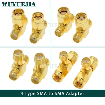 1PCS/T veľa Typ SMA Samec / Samica na Dual SMA T Splitter Plug 3 Spôsob ANTÉNNY Koaxiálny Koaxiálny Konektor Antény Gold Brass 50ohm 5 Typov