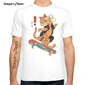 Vtipné Skatana mačka anime t shirt mužov lete bežné unisex tričko krátky rukáv Ročníka Mačka Hrať Skateboard manga streetwear čaj