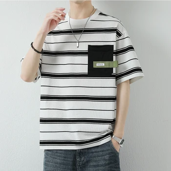 Hip Hop Streetwear Bavlnené Tričko Bežné Pruhované Tlač Voľné T-Shirts 2023 pánskej Módy Lete Harajuku Krátky Rukáv Topy Tees
