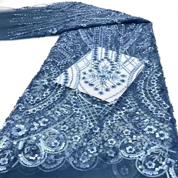 Luxusné Nigérijský Ručné Korálky Čipky Tkaniny Vysokej Kvality Flitrami Korálkové Modré Výšivky Afriky Francúzsky Textílie, Čipky Na Šaty