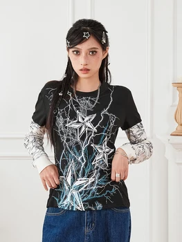 Ženy Punk Tričko Víla Grunge Okrúhlym Výstrihom, Dlhý Rukáv Loose Fit Topy Vintage Star Print T Shirt
