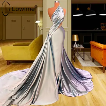 Svetlo Modrá Elegantné Jedného Pleca Satin Večer Dresess Perly Prom Party Šaty s Dlhými Vlak Vestidos De Fiesta 2021