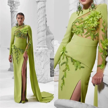 Móda Prom Šaty 3D Kvet Flitrami Večer Morská víla Šaty Dlhé Rukávy Cape Zákazku Vestidos De Noche