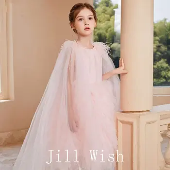 Jill si Želajú Elegantný Ružový Kvet Dievča Šaty s Cape A-Line Roztomilý Perie guľové Šaty pre Deti, Svadby, Narodeniny, Party Sprievod J082