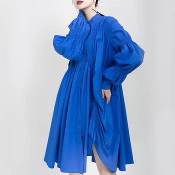 Johnature 2024 Nové Módne Streetwear Modrá Skladaný Voľné Nepravidelný Šaty Pre Ženy Jeseň O-krku jednofarebné Šaty
