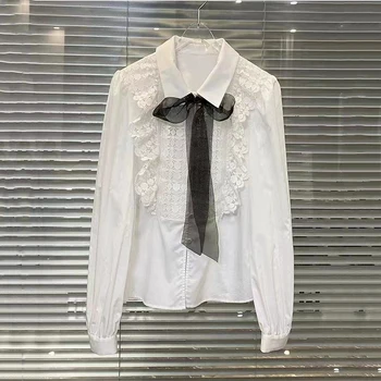 Temperament elegantný krk polo shirts & blúzky 2023 lete nové vyšívané čipky mozaika lúk páse s nástrojmi dlho puzdre tričko ženy