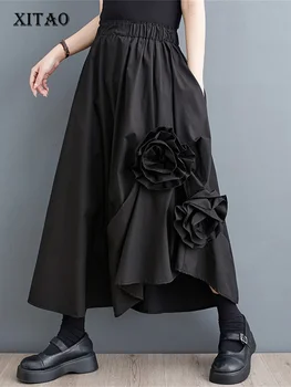XITAO Kvetinový Čiernej Sukni Módne Elegantné Ženy Bohyne Ventilátor Nepravidelný Elastický Pás Menšiny Voľné Elegantné Sukne WLD16640