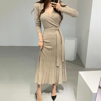 Francúzsky Ročník Elastické Pletené Bodycon Šaty pre Ženy, Nový 2023 Zime Tuhé Vestidos tvaru Slim Lady Chic kórejský Dlhé Šaty
